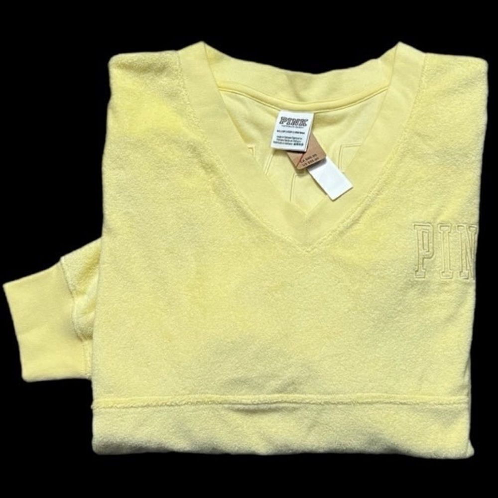 Victoria’s Secret Pink Varsity Terry Cloth V Neck Oversized Pullover Yellow - Picture 12 of 12